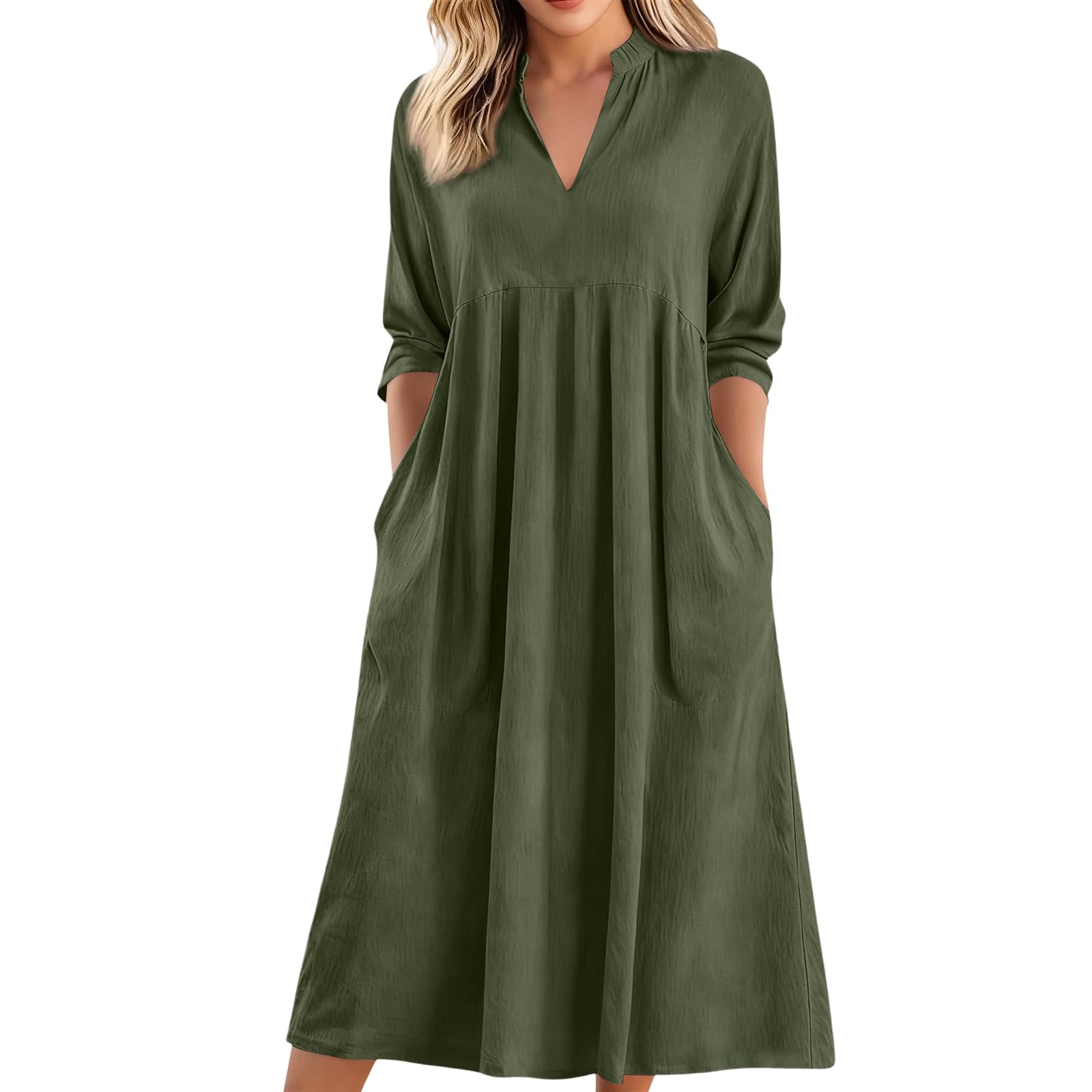 Robe De Soiree Femme, Robes Midi Fluide en Lin Uni pour Femmes Élégante Col V Manches 3/4 avec Poche Été Robe Blanche Femme Chic Et Elegant