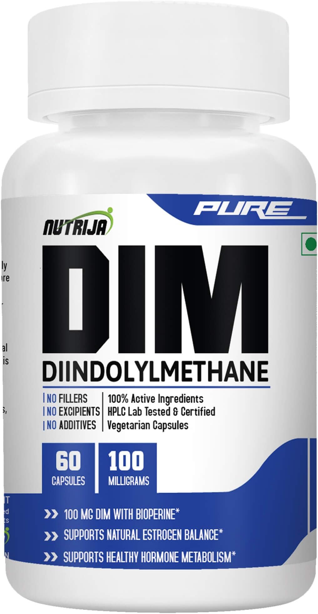 NutriJa Pure DIM 100mg with BioPerine - 60 Veg Capsules | High Potency Estrogen Metabolism Support & Natural Hormone Balance | No Fillers | No Excipients | No Additives