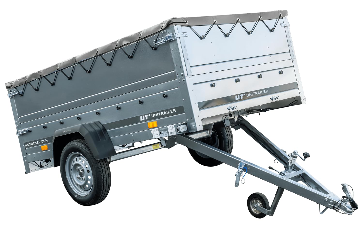 Unitrailer Auto Anhänger 230 x 125 cm 750 kg – Kippbare Deichsel, Stützrad, Flachplane
