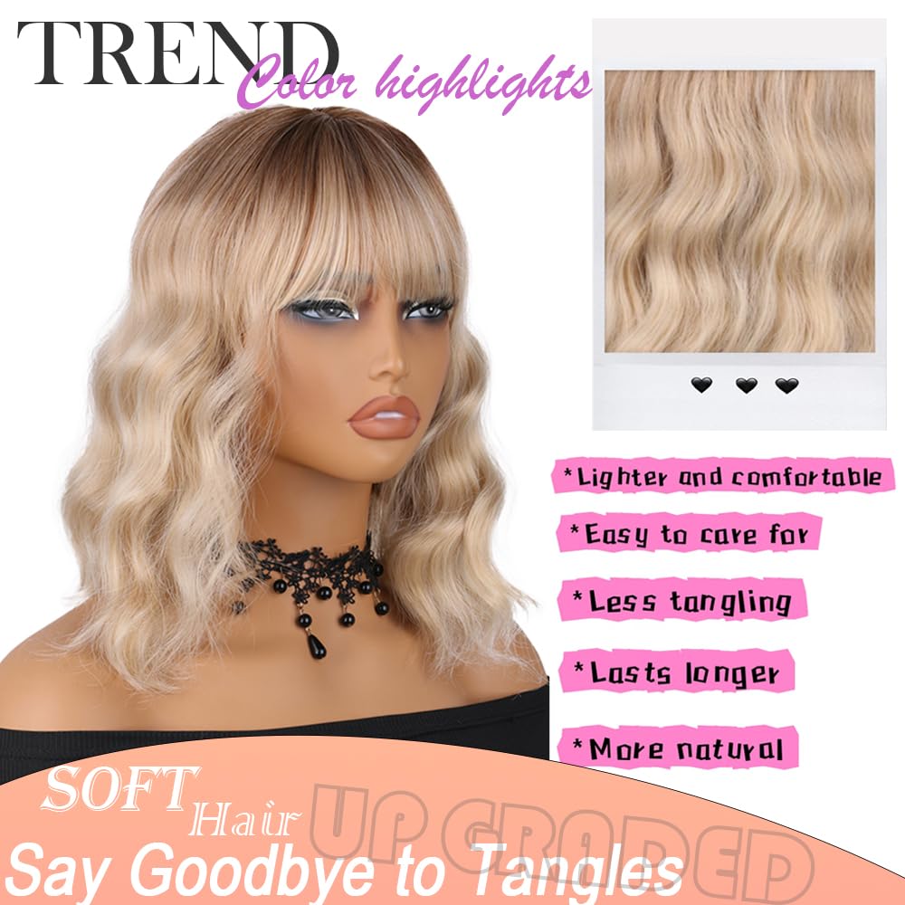 Ombre Blonde Wig Short Wavy Wig for Women Bangs Wigs Cosplay Shoulder Length Bob Curly Women's Charming Synthetic Wigs Ombre Blonde - Image 2
