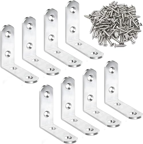 Paquete de 8 soportes de esquina en L de 2 pulgadas, soporte de estante resistente de acero inoxidable para estantes de madera, soporte para colgar