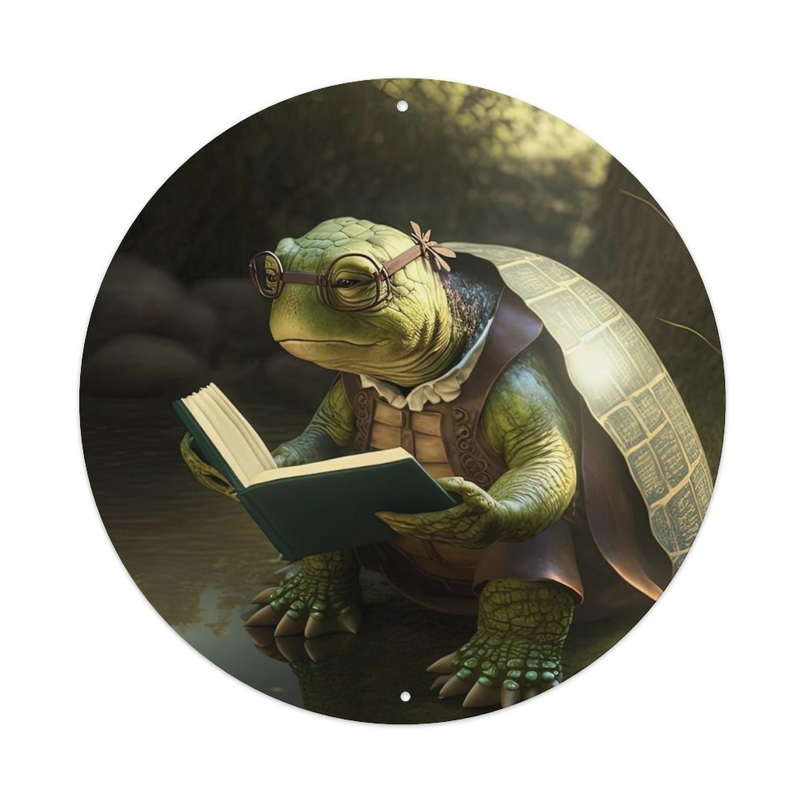 Animal Artwork Turtle Reading Book Metal Tin Sign