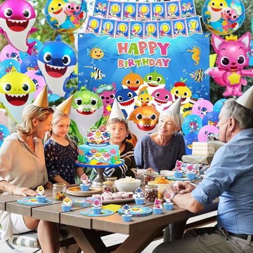Déco anniversaire shark de 84 pcs avec ballons en aluminium et bannière