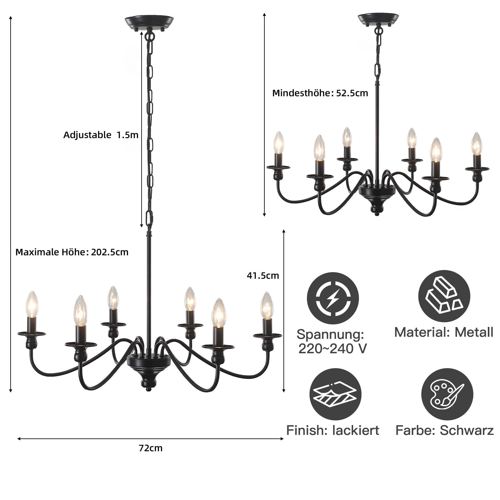 6 Flammig Kronleuchter Vintage Schwarz 72 cm 60W Höhenverstellbar Dimmbar | Kerze Pendelleuchte Esszimmer E14 Fassung,Modern Kronleuchter Hängelampe Wohnzimmer Hängend Lampe für Schlafzimmer Küche Flur