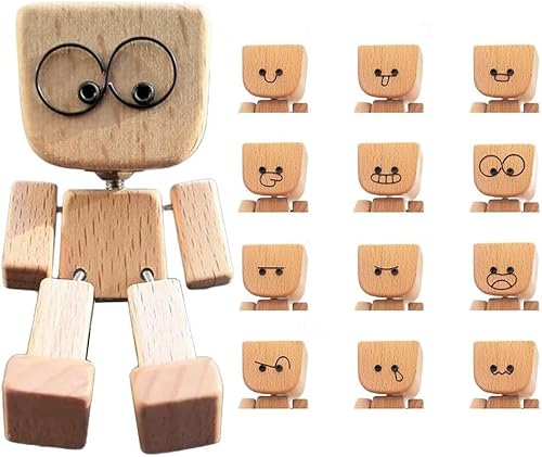 KQLHLHDYZ Figurine d'homme en bois qui se balance avec 12 expressions magnétiques, accessoires amusants pour tableau de bord de voiture et décoration de bureau, voyage, maison
