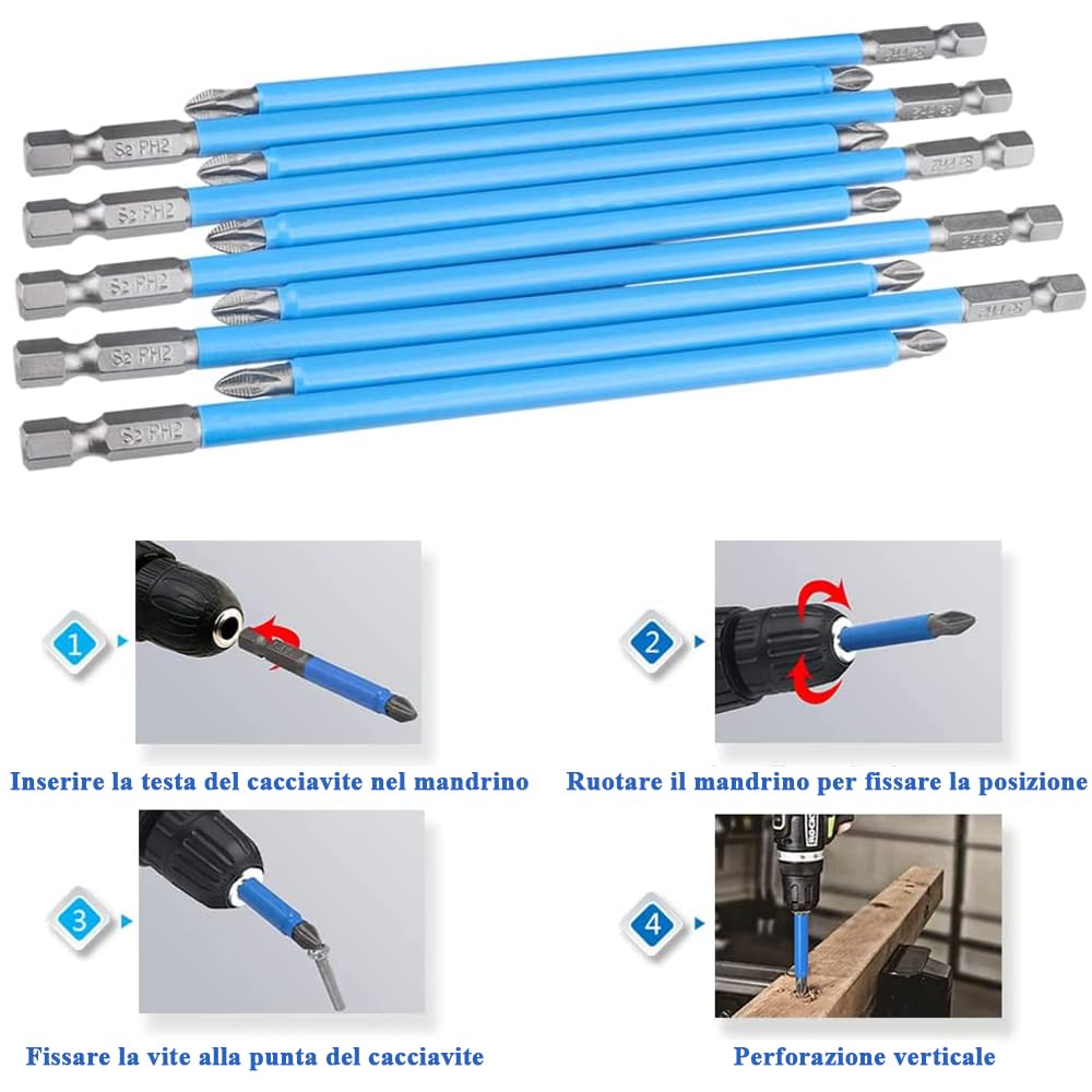 Mesee 10Pz Punte Cacciavite a Croce PH2 da 150mm Punte Cacciavite Phillips ad Impatto Punte da Avvitamento Antiscivolo Punta Esagonale in Acciaio S2 per Cacciaviti Avvitatori Trapani Elettrici