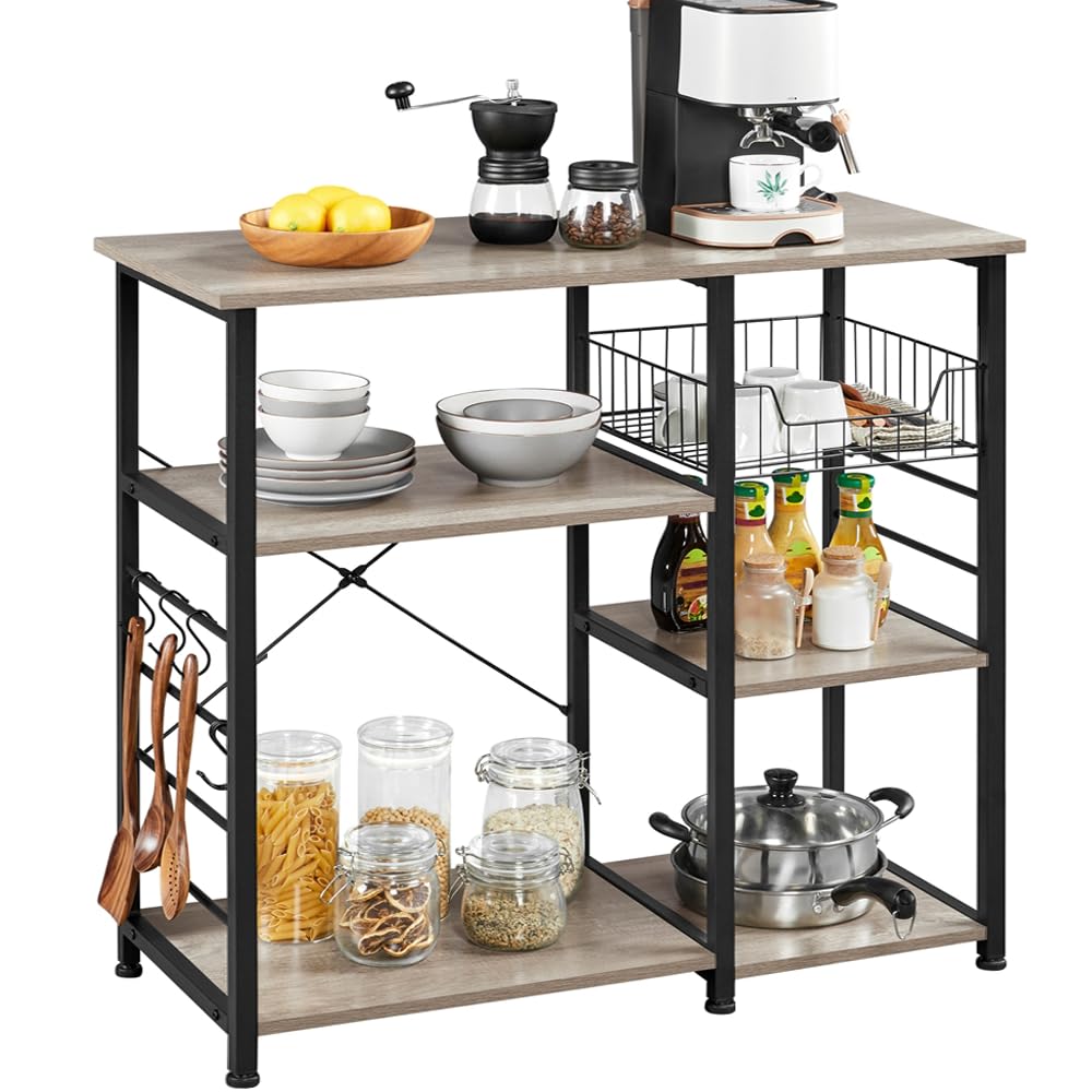 Yaheetech Kitchen Bakers Rack with Wire Basket, Coffee Bar Table Station Microwave Oven Stand Kitchen Utility Storage Shelf with 6 S-Shaped Side Hooks, Metal Frame, 15''D x 35.5''W x 33''H, Gray