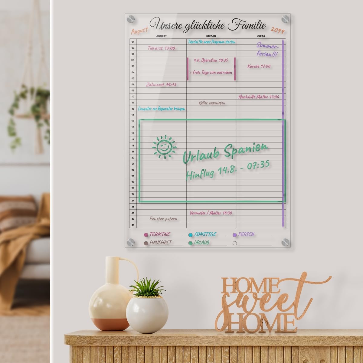 Personalisierter Acrylglas 3-Spalten Familienplaner Kalender abwischbar DIN A3, A2 oder A1 XXL wählbar inkl. Montagematerial und Edelstahl Abstandhalter, langlebig, klarer UV-Druck