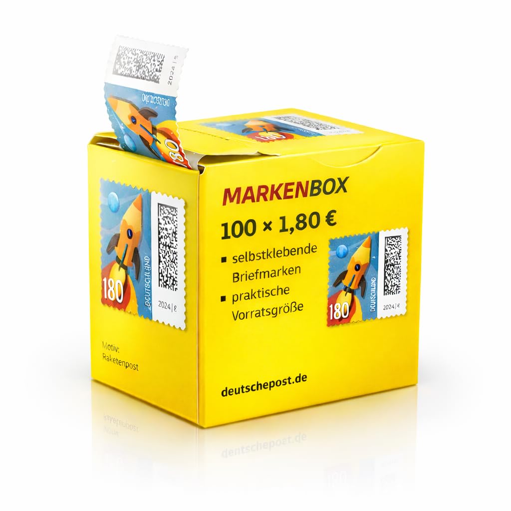 Albellion 100 Stück 1,80 EUR 1,8 EUR 180 Cent postfrische Selbstklebende Briefmarken in Briefmarken-Box 100-er Rolle | Frankaturware Markenset (Motiv: Raketenpost)