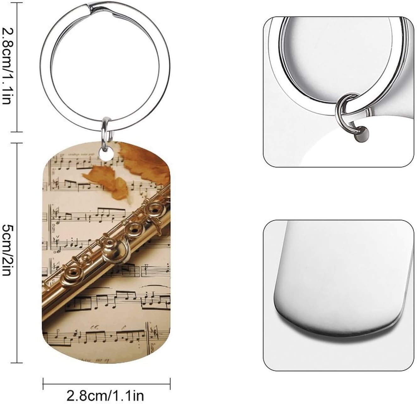Flute Music Metal Keychain for Double-sided Photo Key Fob Car Keychain Holder with Hole Stainless Steel Key Chain with Rings Rectangle Keys Ring Tags for Adult image 2