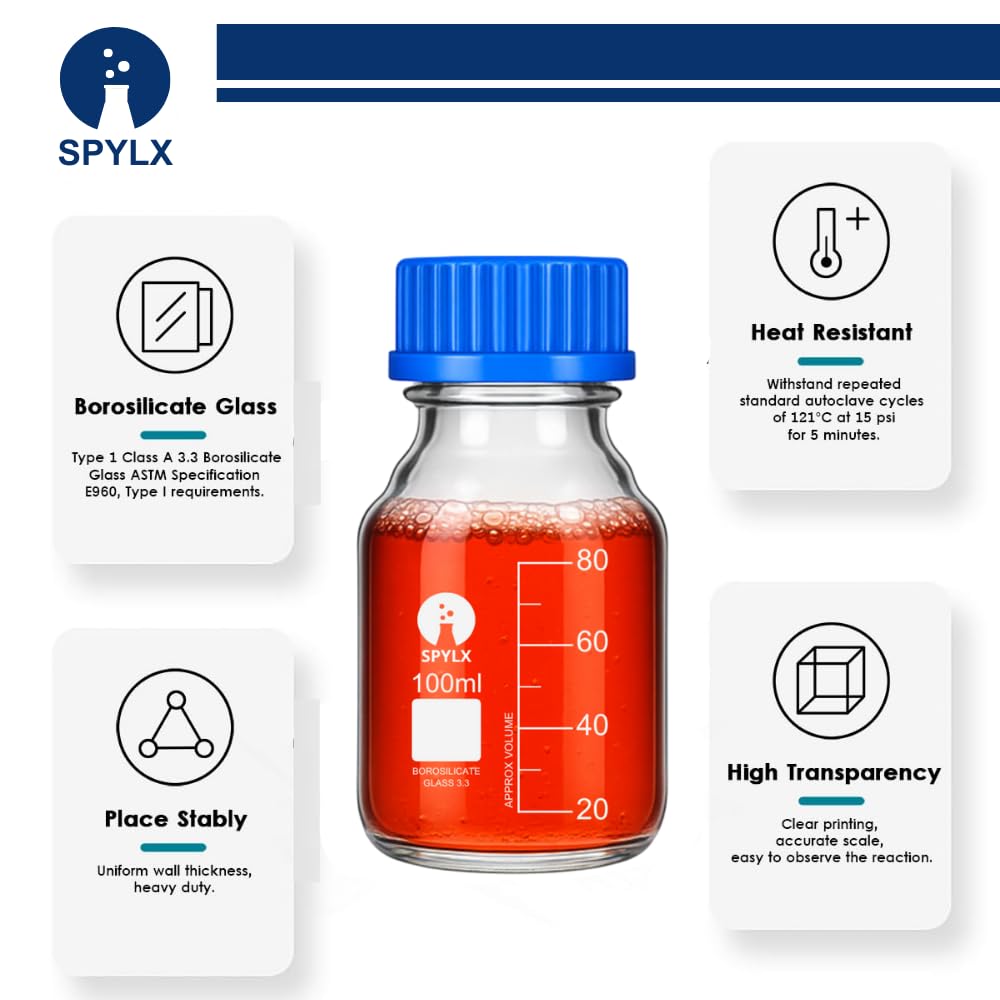 SPYLX 250ml Glass Reagent Bottles – Set of 2 with Leak-Proof GL-45 Screw Caps | Durable Borosilicate Storage for Lab Chemicals, Solvents, Oils, and Scientific Use 2