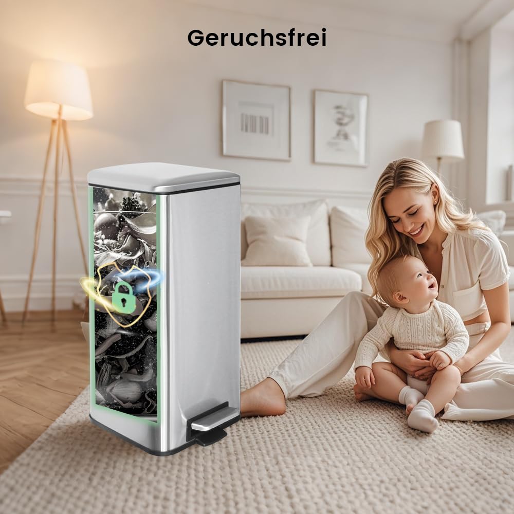 Mülleimer 30L, Abfalleimer mit Fußpedal, Inneneimer, Decke, Weiß | Mülleimer Küche, Quadrat, Stahl, Mülleimer Groß, Edelstah, Mit Metall-Pedal, Softclose Deckel, Für Küche, Büro, Wohnzimmer