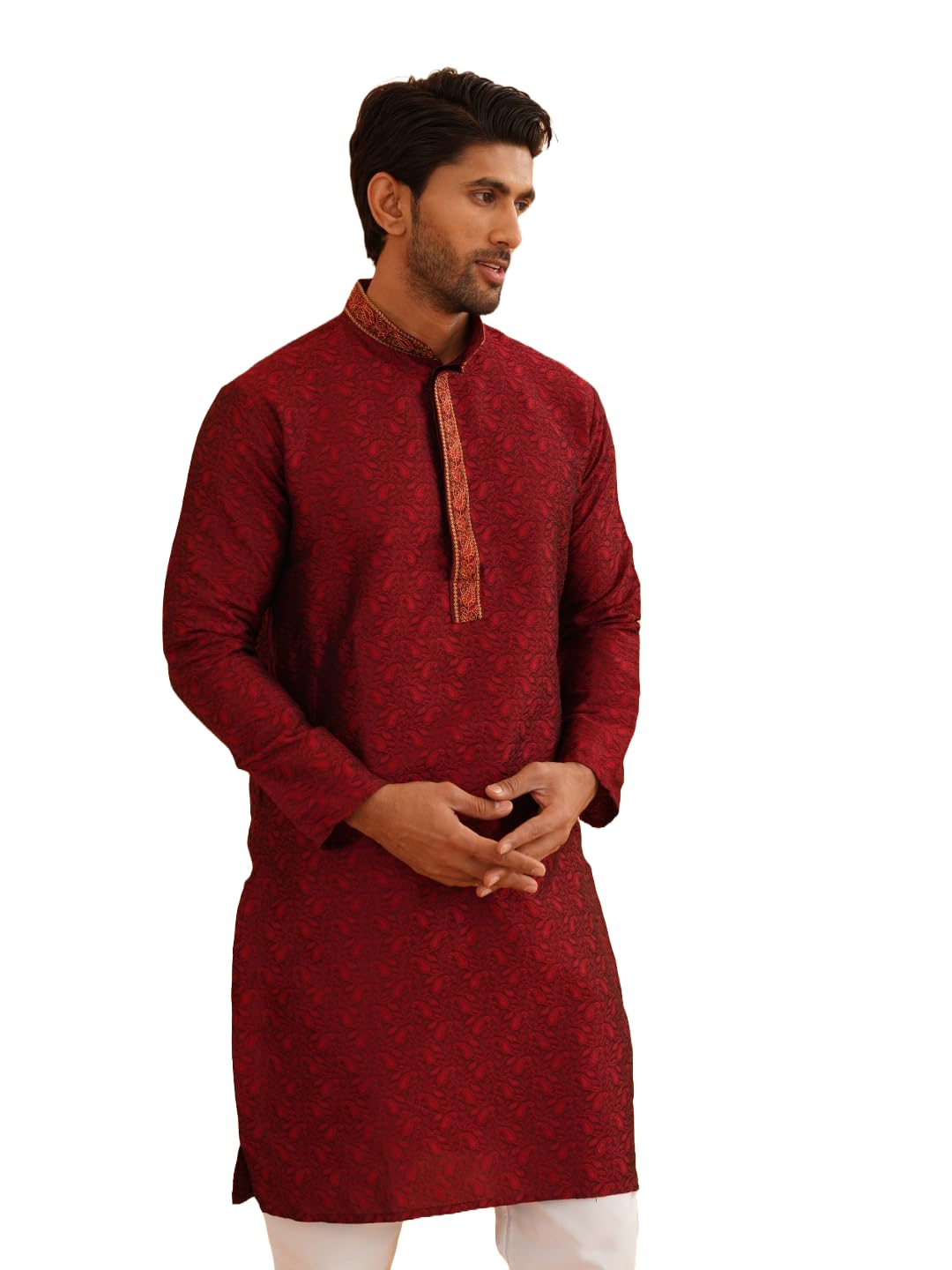 Sojanya (Since 1958 Men's Silk Blend Maroon Color Only Long Kurta With Neck Embroidery