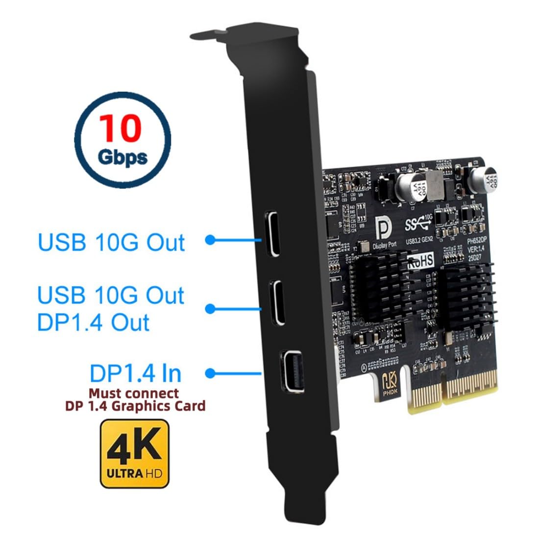 chenyang Tarjeta de Expansión de Gráficos de Vídeo de 2 Puertos PCI-E 3.0 4X y Mini Displayport a 2 USB C con Soporte de Transferencia de Datos USB 3.2 de 10 Gbps y Salida de Vídeo DP1.4