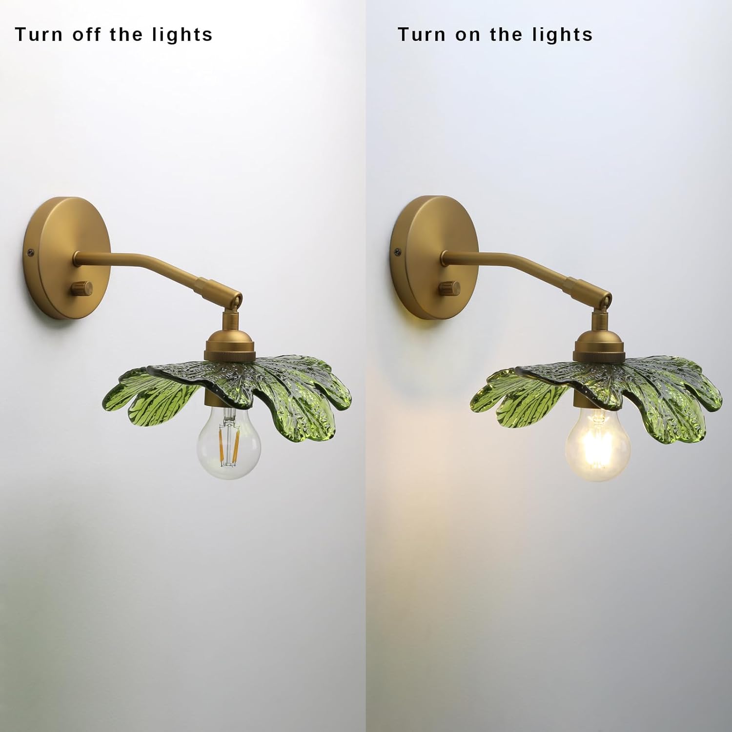 Yosoan 1-Light Brass Glass Vanity Wall Sconce with Green Flower Shade, Vintage Industrial Boho Indoor Antique Gold Wall Mounted for Bathroom Bedroom Living Room Kitchen Stairwell