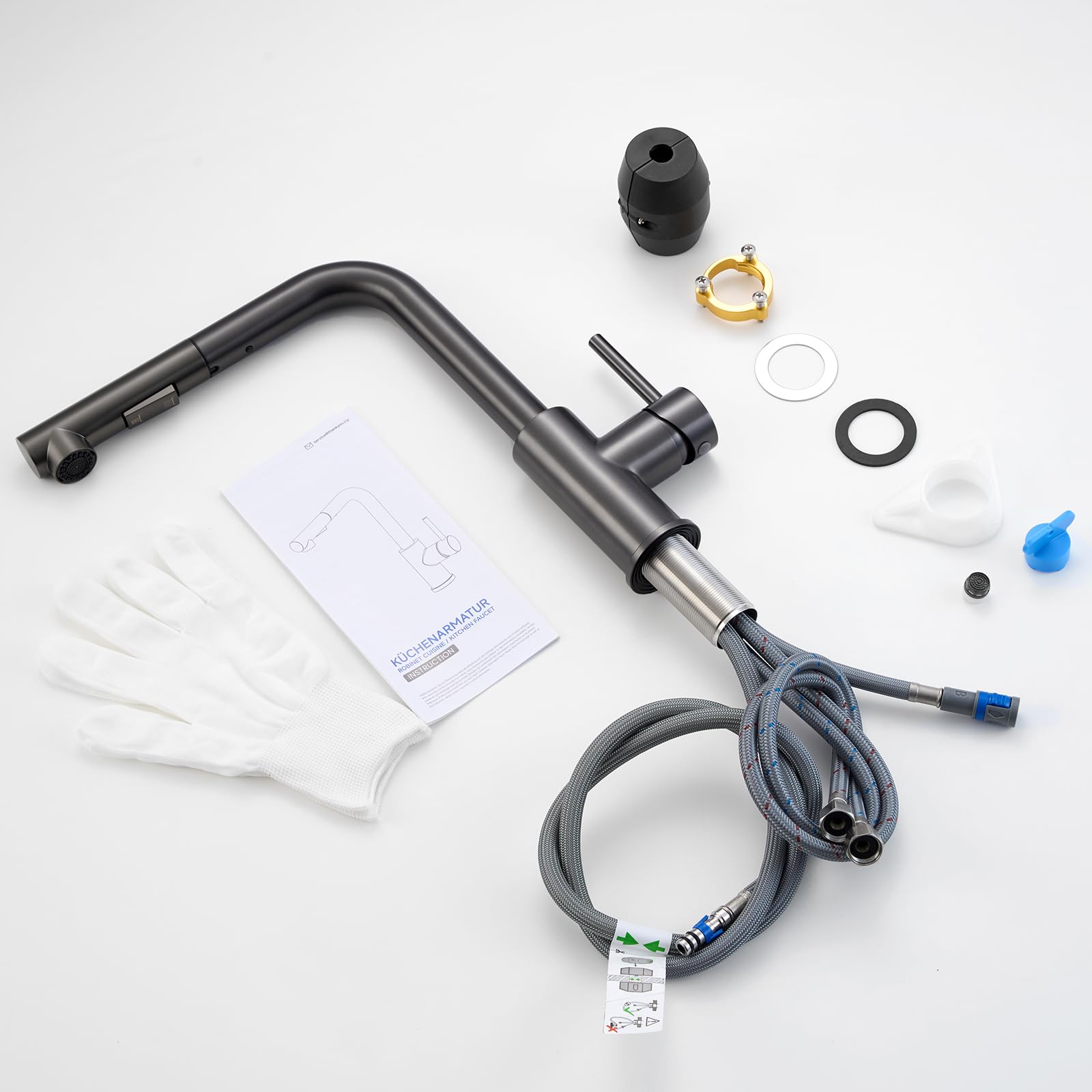 Robinet de cuisine noir anthracite - Robinet de cuisine extensible haute pression - Mitigeur de cuisine avec douchette - Deux types de jet d'eau - Robinet d'évier en acier inoxydable
