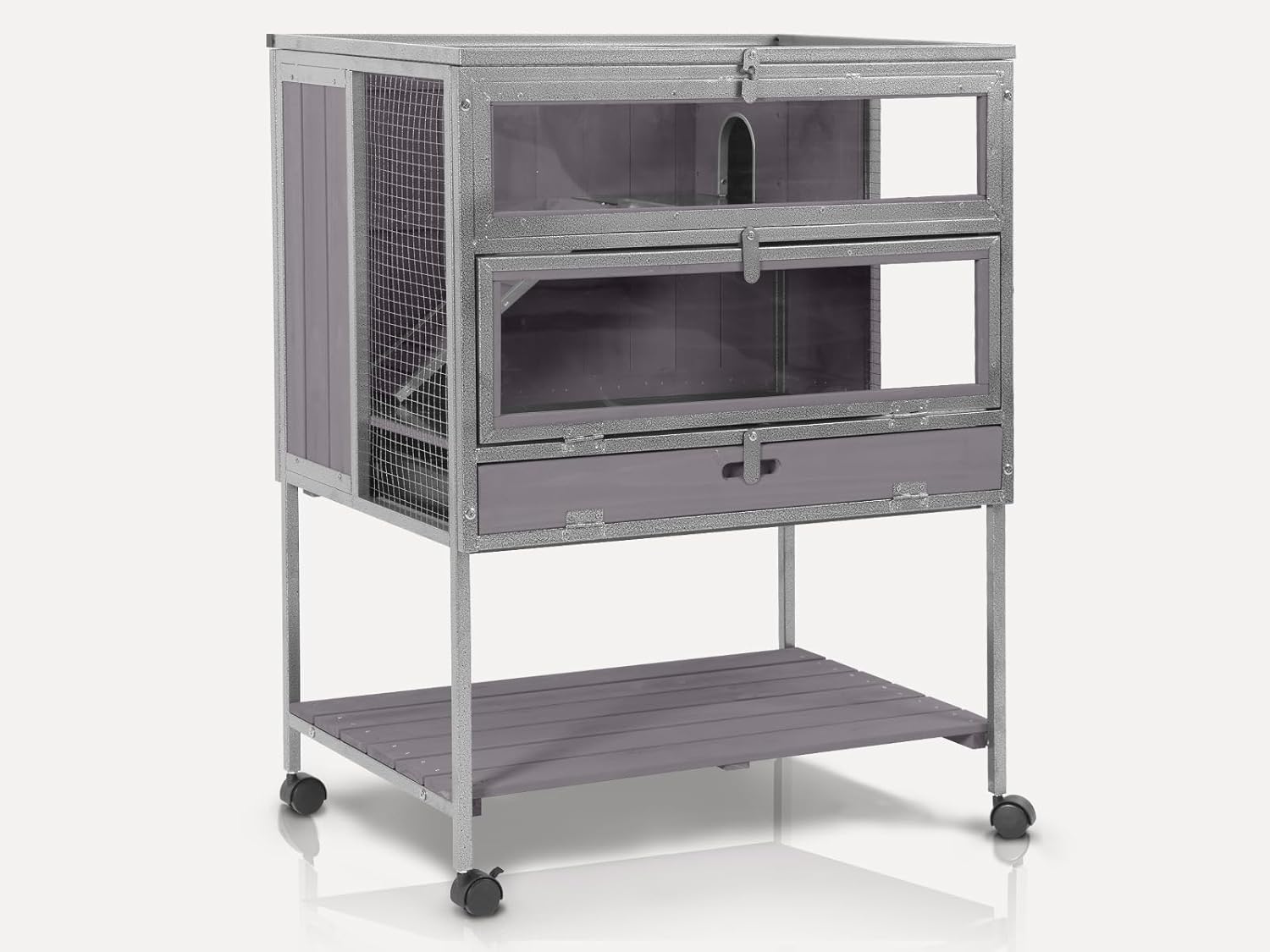 Guinea Pig Cage, Moveable Metal Frame Hamster Cage Anti-Chewing with Aluminium Alloy Edge, Hideouts, Ramps, Seesaws Chewing Toy, Deeper Pull-Out Leakproof Tray for Indoor Outdoor(Grey)