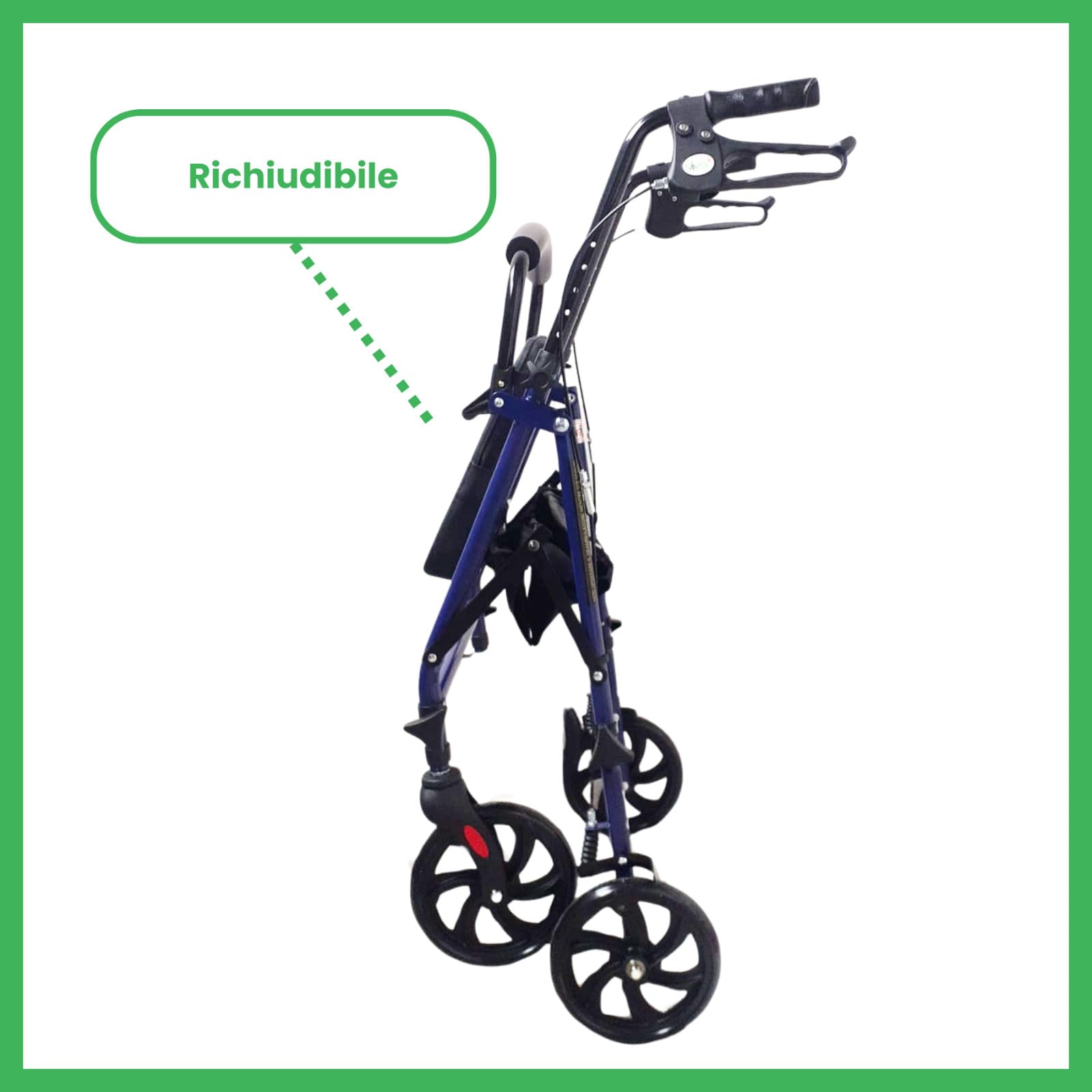 EkoHealthy® Rollator Vivo+ Deambulatore Pieghevole in Acciaio con 4 Ruote, Seduta, Schienale, Freni a Leva e Borsa Portaoggetti – Portata 136 kg – Ausilio per Anziani e Disabili
