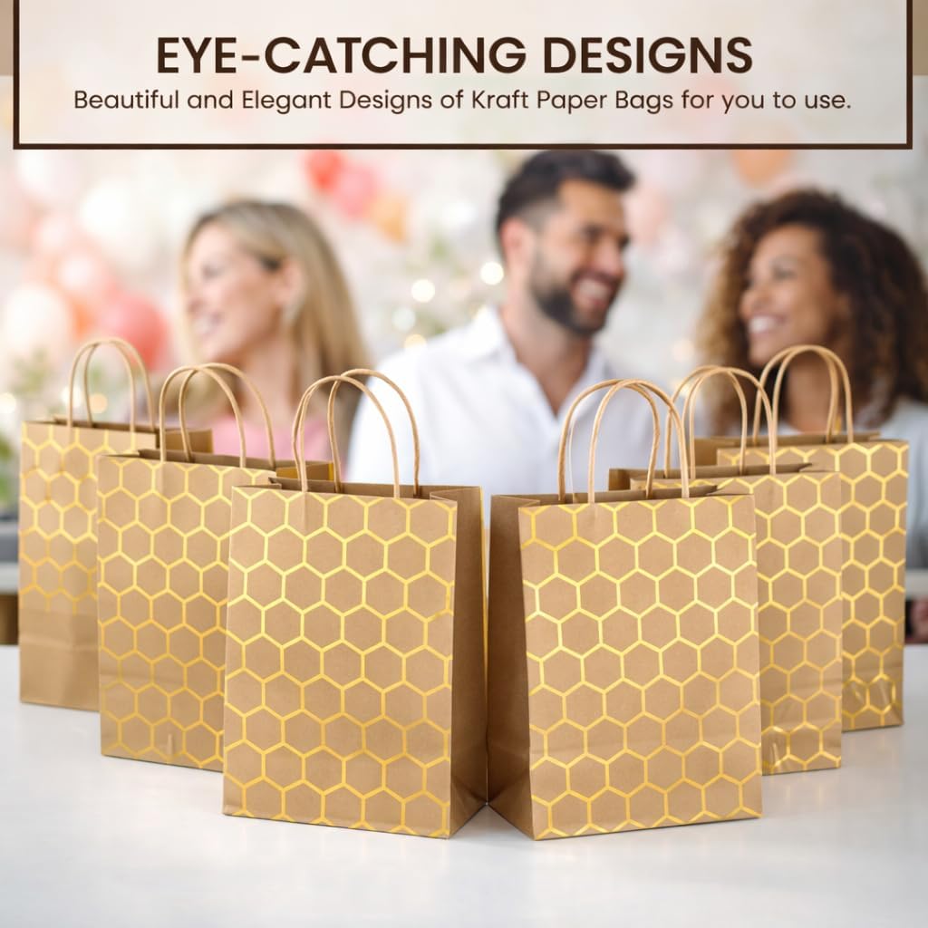 SEASONAL MOMENTS Kraft Paper Gift Bags with Handles- 8 x 4.3 x 10.5 Brown/Gold Hexagon Pattern Paper Gift Bag for Birthdays, Parties & Special Occasions- Reusable Gift Bags Everyone Will Love- 24 Pack