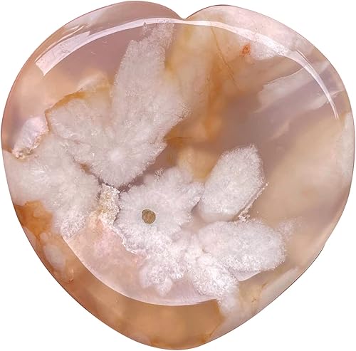 Fekuar Piedra natural de flor de cerezo, ágata de cuarzo para el pulgar, tallada a mano, cristal curativo en forma de corazón, piedra para aliviar