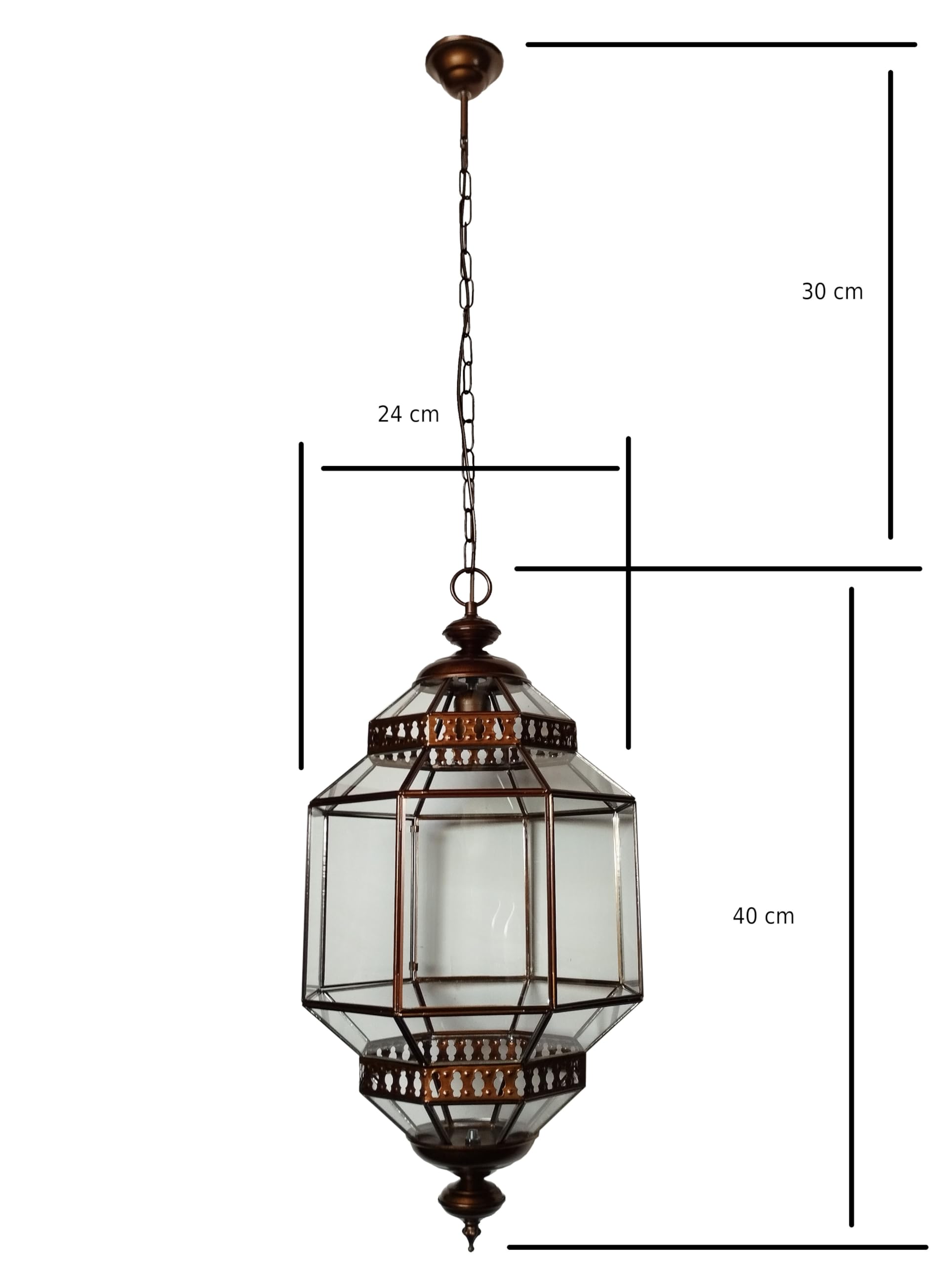 Lámpara Colgante Marroquí, Farol Granadino de Vidrio y Metal, Estilo Oriental, Color Bronce (Transparente, 40x23 cm)