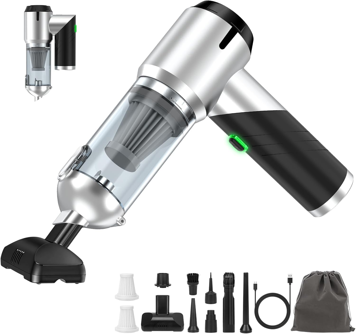 Aspiradora portátil plegable e inalámbrica para automóvil, succión fuerte de 17000 PA, tiempo de funcionamiento de 40 minutos, plumero de aire 4 en