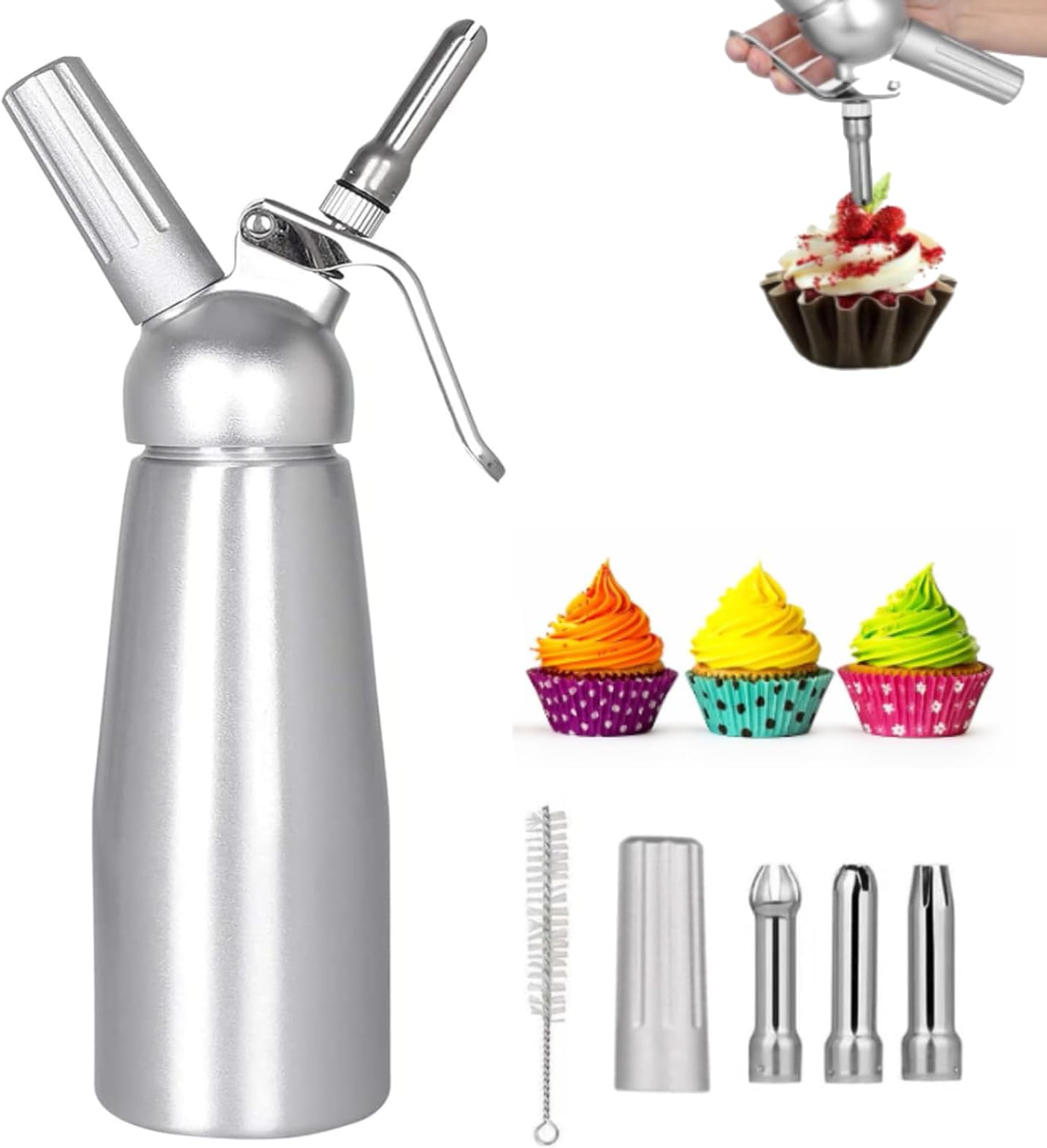 Whipped Cream Dispenser, Aluminium Cream Whipper with 3 Decorating Nozzles 500ML Cream Charger Dispenser for Cake Cheese Dessert