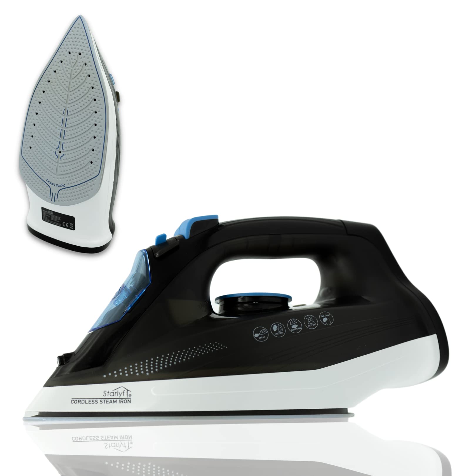 STARLYF Cordless Steam Iron - Ferro da Stiro a vapore Senza Fili, 2400W. Ultra Leggero e Riscaldamento Rapido, Piastra in Ceramica, Tutti i Tessuti, Vapore a secco