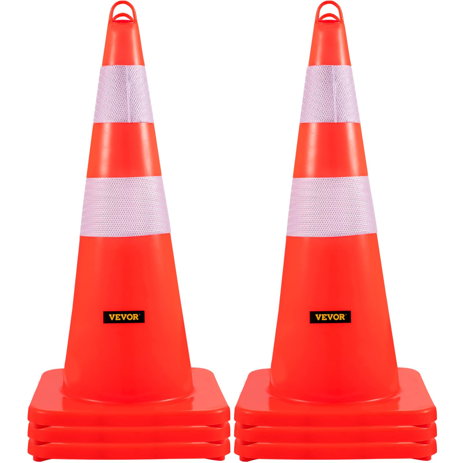 VEVOR Safety Cones, 6 x 28" Traffic Cones, PVC Orange Construction Cones, 2 Reflective Collars Traffic Cones with Weighted Base and Hand-Held Ring Used for Traffic Control, Driveway Road Parking