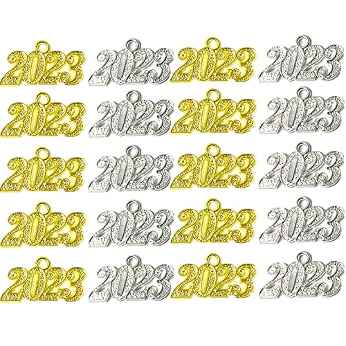 20 dijes para año 2023 de aleación de 2023 para año 2023 para regalo de víspera de Año Nuevo, joyería, trabajo artesanal, graduación, borla de bricolaje, oro y plata Cover
