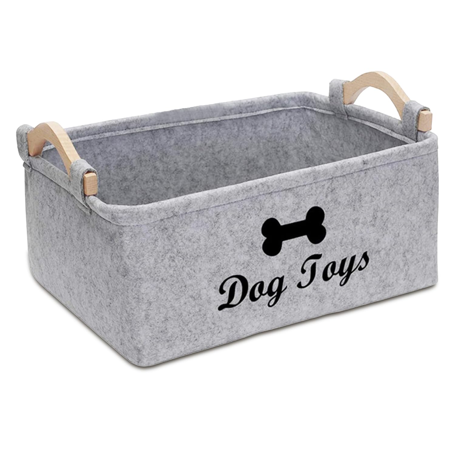 Onperpoe Dog Toy Basket with Wooden Handle, Collapsible Dog Toy Box Puppy Toys Box for Dogs, Pet Supplies Storage Basket, Dog Toys Storage, Grey 38cm x 25cm x 18cm