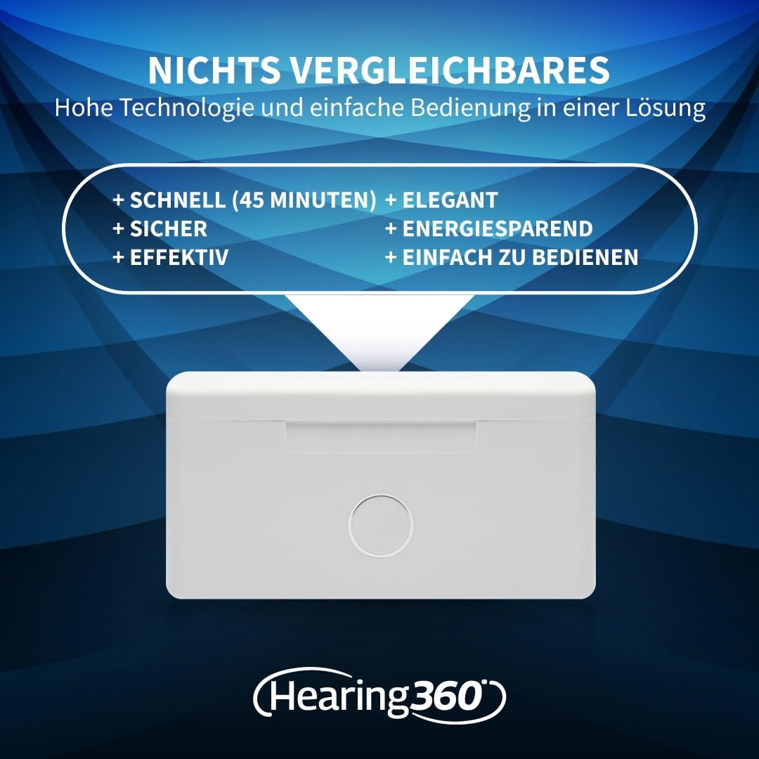 Hearing360 Perfect Dry LUX UV-Reinigungsstation Entfeuchtung Trocknung Hörgeräte Heißluftsystem LED-Anzeige