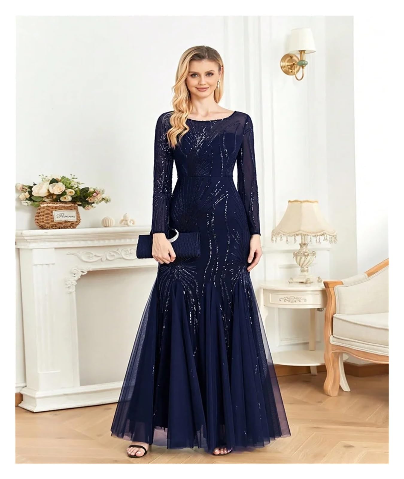 Vestido de Graduación para Mujeres Elegantes Vestidos de Noche de Tul con Lentejuelas y Mangas largas, Estilo Sirena, Formales, for Dama de Honor y Fiesta Maxi(Champagne,M)