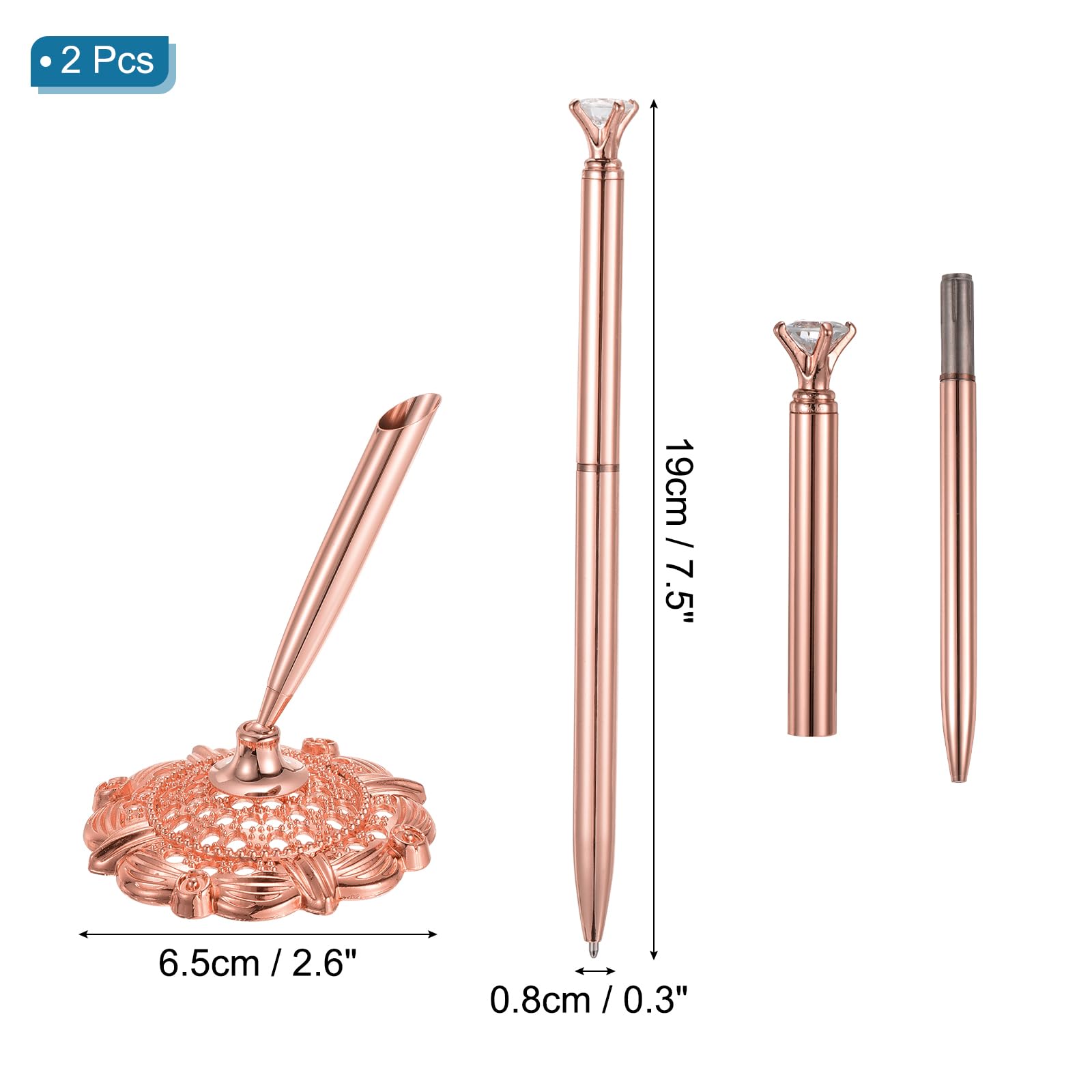 PATIKIL 2 Set Small Diamond Wedding Pen Guest Book Pen with Holder, Rose Gold, 1 count (Pack of 2) - Image 2