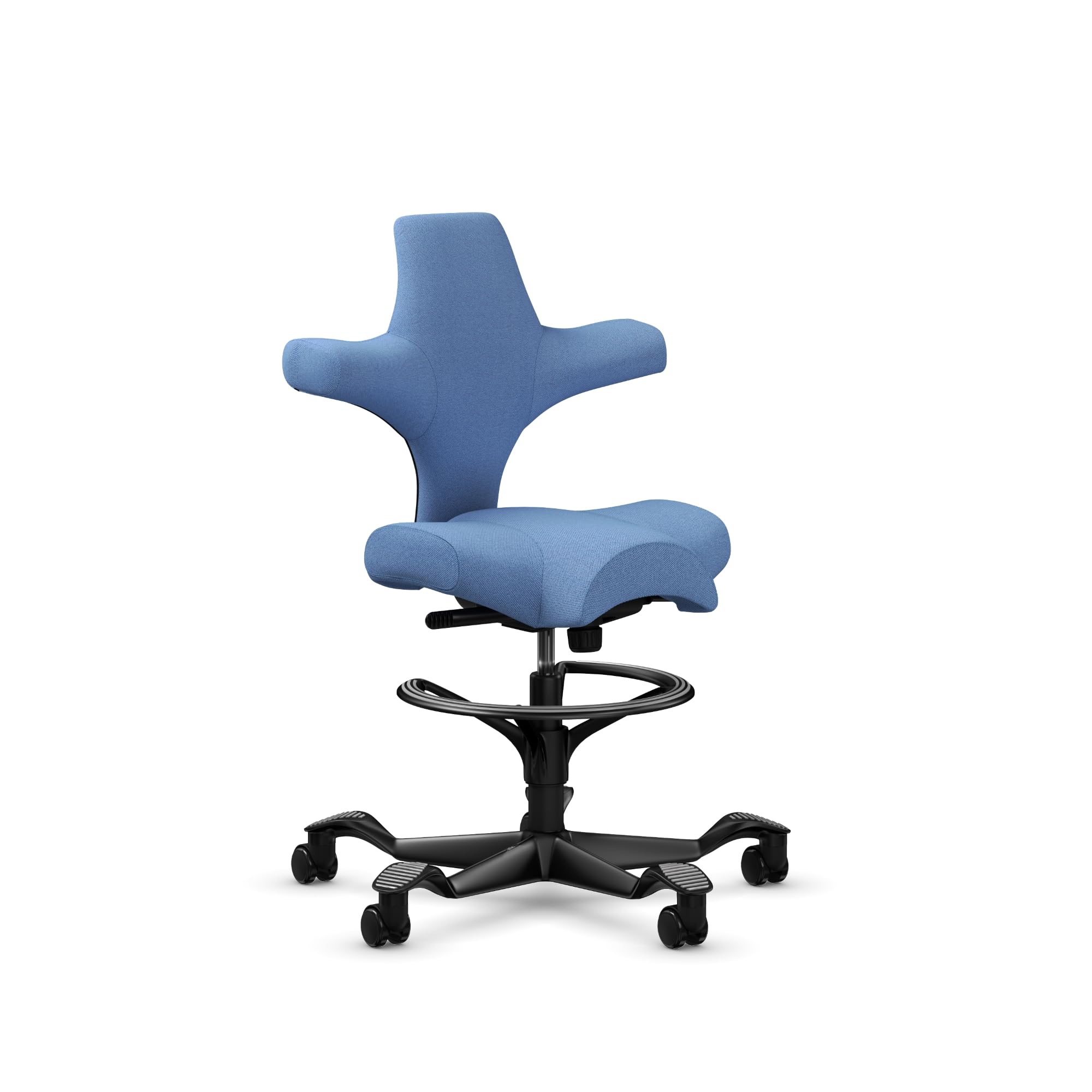 HAG Capisco Adjustable Sit to Stand Desk Chair - Black Frame - Light Wash Blue Polyester Seat - with Footring