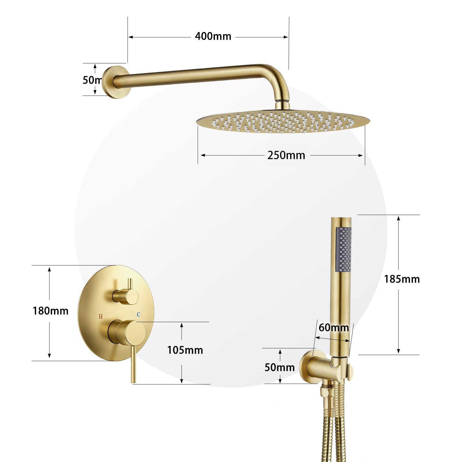 SaniteModar Unterputz Duscharmatur Set, Gebürstetes Gold | Rund. 25cm Regendusche, 1,5m Schlauch; leichtreinig. Silikon-Düsen; verstecktes Design; keine Wandbeschädigung bei Rep