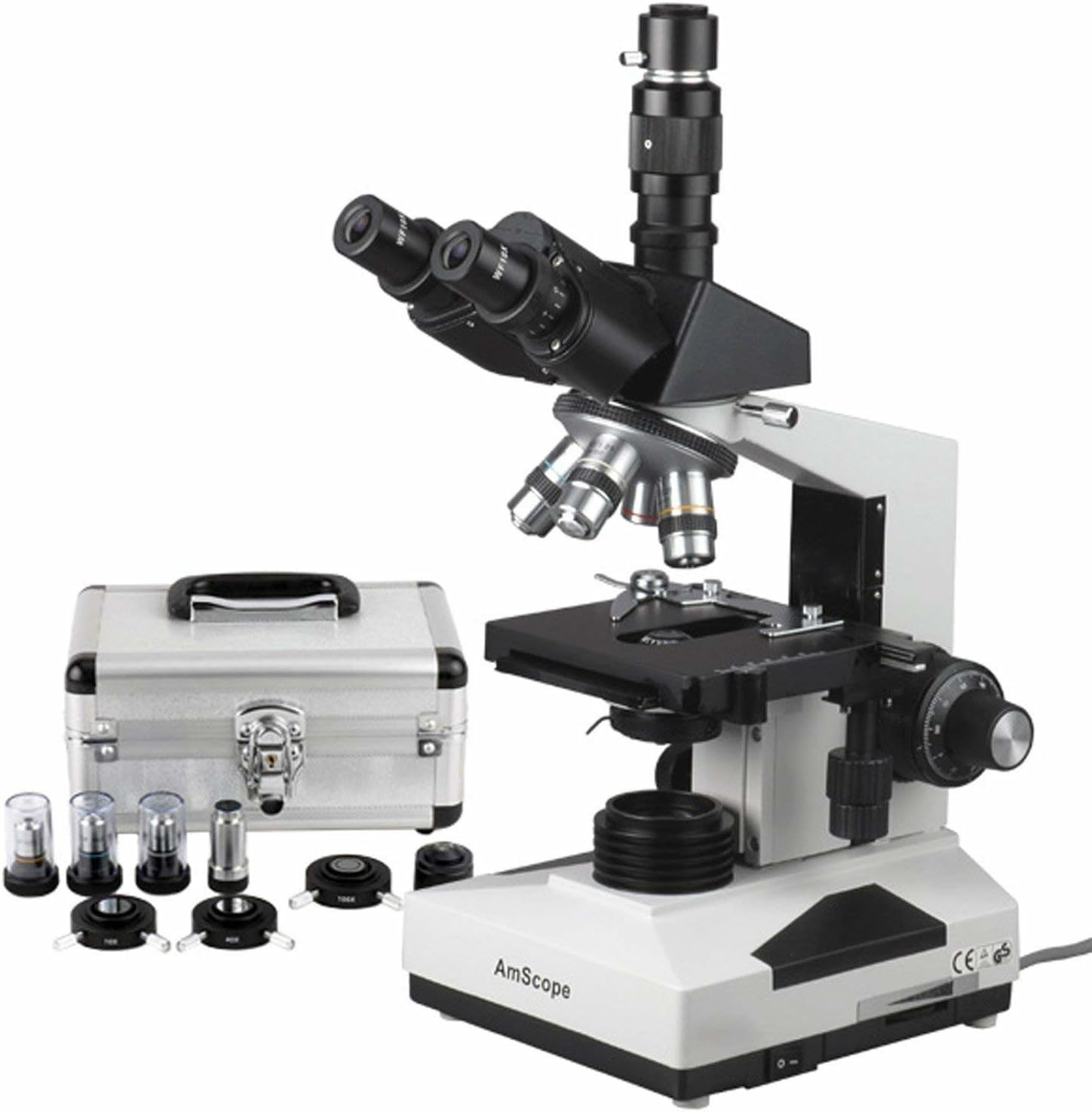 AmScope T490A-PCS Compound Trinocular Microscope, WF10x and WF16x Eyepieces, 40X-1600X Magnification, Brightfield, Halogen Illumination, Abbe