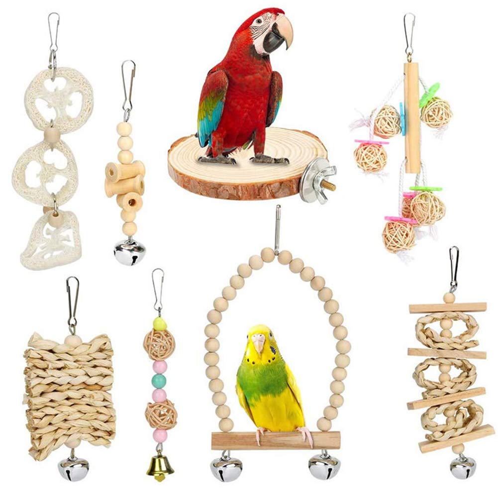 MJEMS Bird Chewing Toy - 8 Pack Parrot Ladders Swing Bite Toys Wooden Block Bird Bell Toy Parrot Cage Accessory Tearing Toys for Large and Small Birds