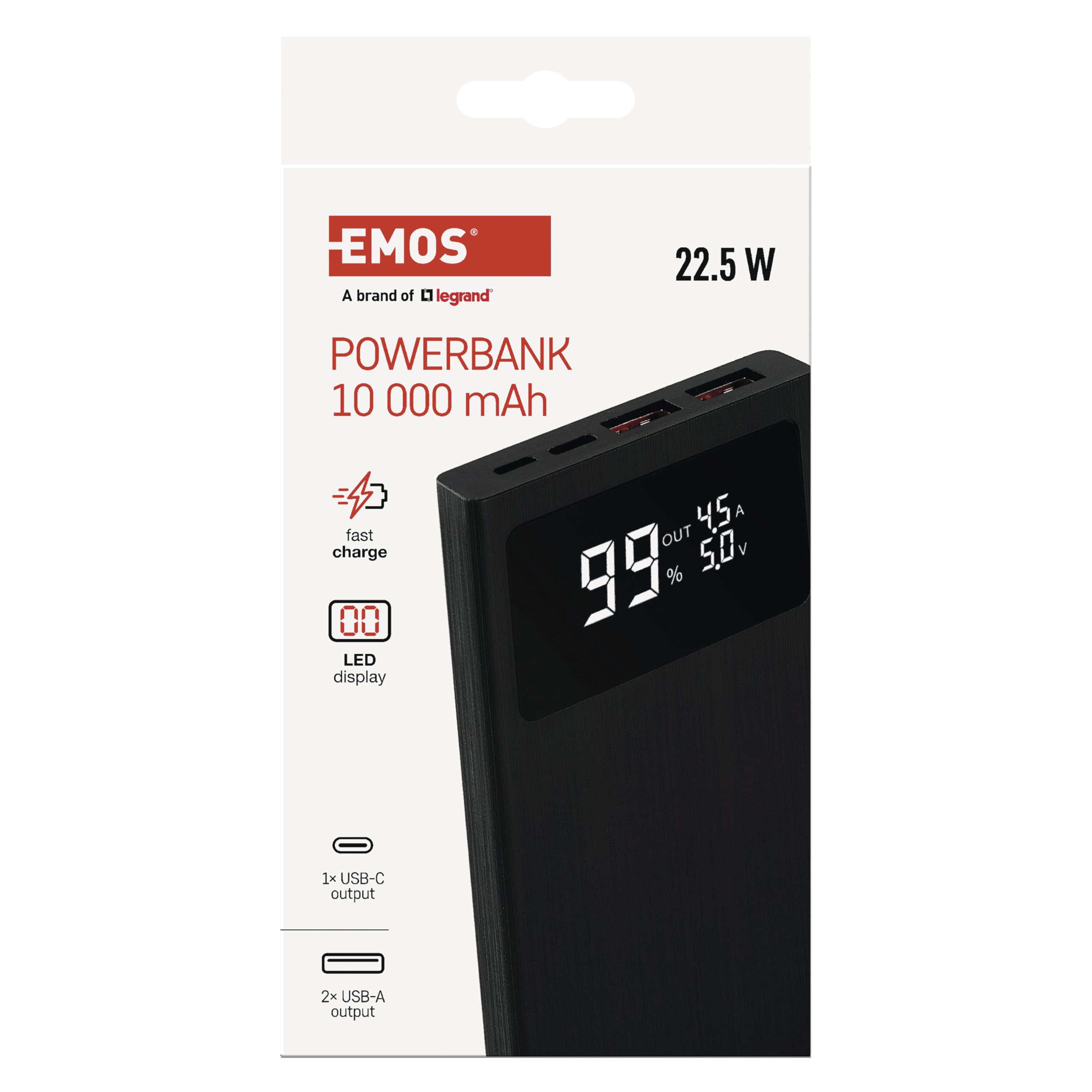 EMOS - Power Bank 20.000 mAh, ricarica rapida da 22,5 W, con display e pass-through, 3 uscite, per smartphone, tablet e dispositivi mobili, cavo USB-C incluso - Nero
