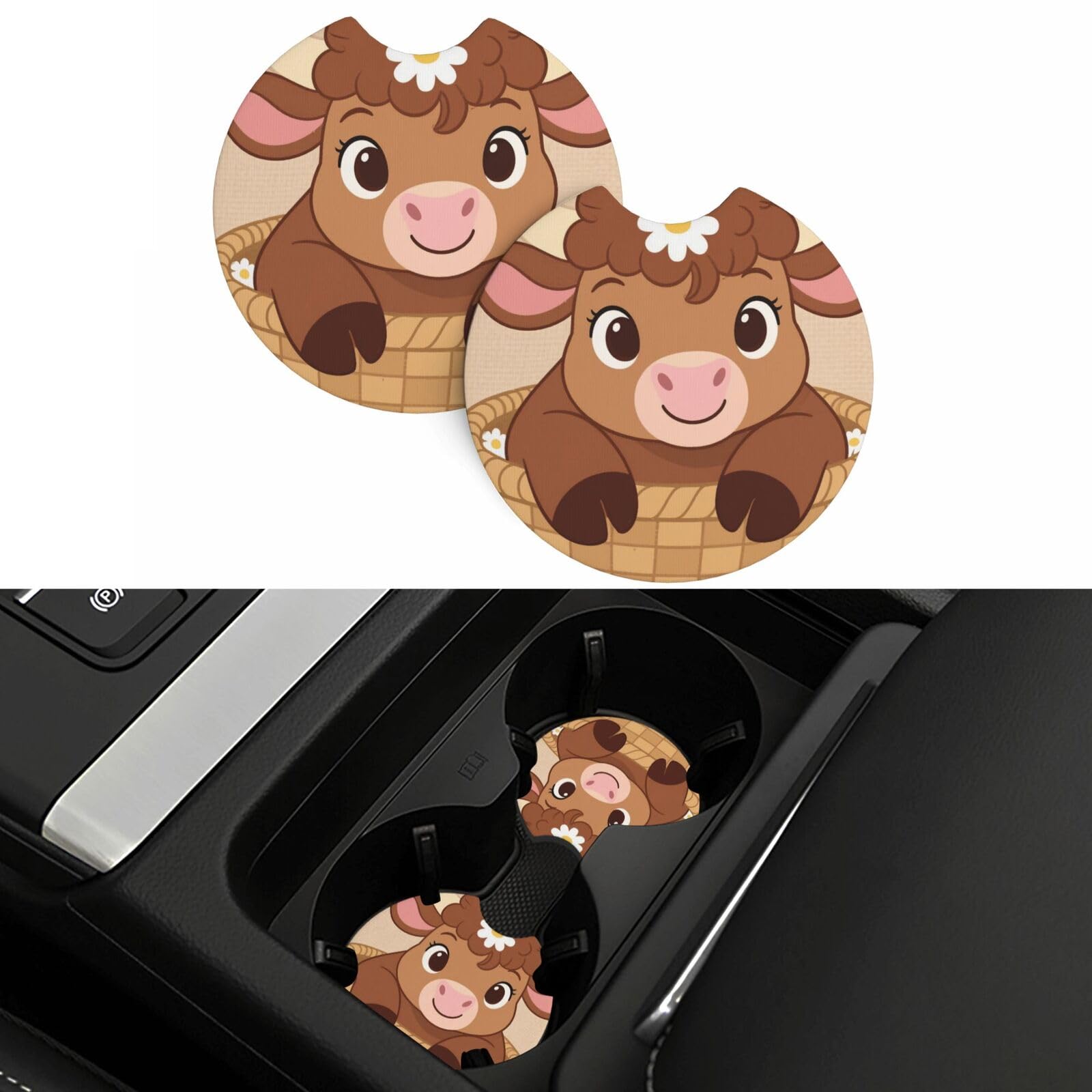 2 Pack Car Coasters,2.7" Universal Car Cup Holder Coasters Non-Slip Neoprene Cup Pad Mat Coaster Car Interior Accessories for Women Men Cute Cow
