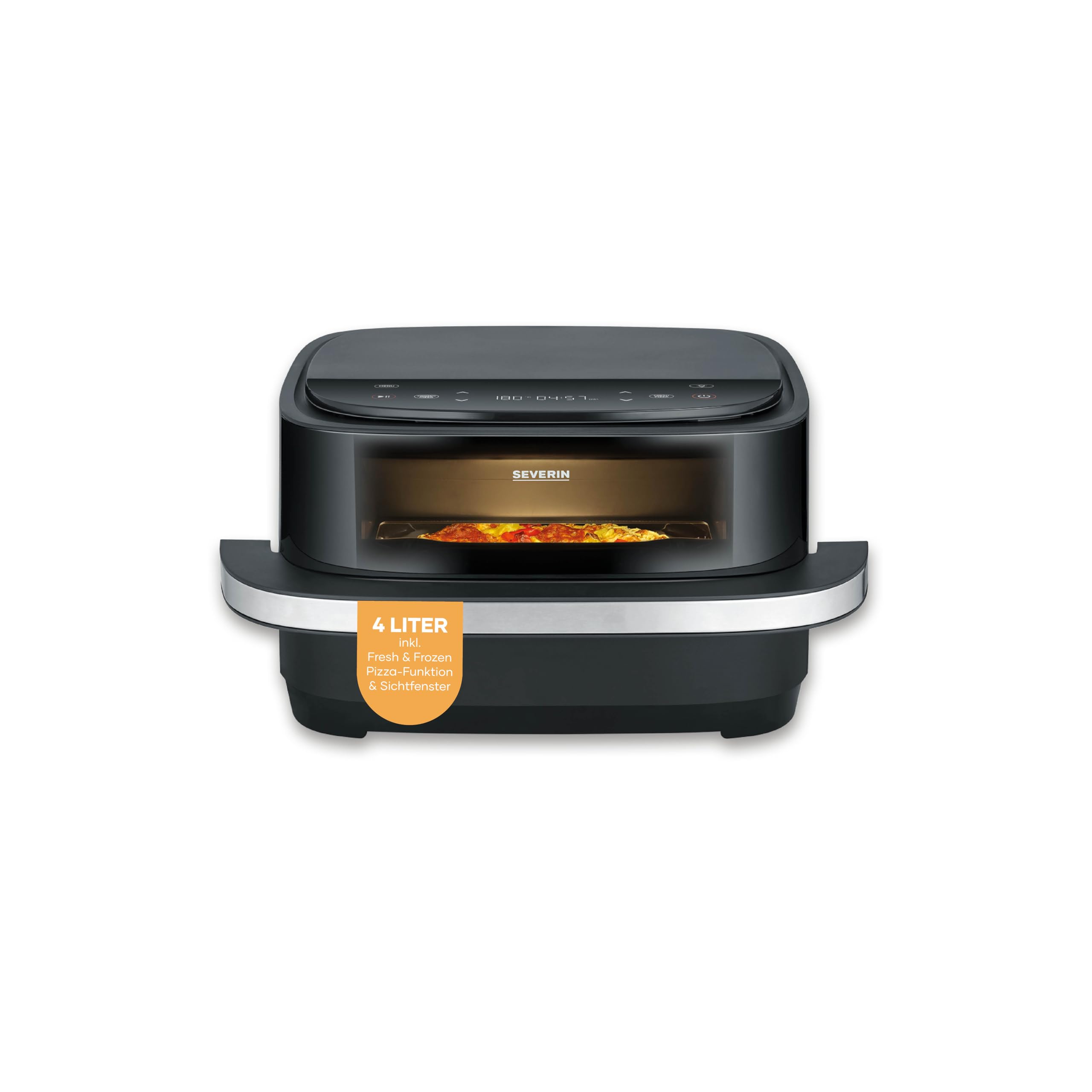 Severin Heißluftfritteuse Pizza & More, Pizzaprogramme, 10 Garprogramme, optimale Wärmeverteilung, extra breite Form, mit Sichtfenster, 4L, 2100W, schwarz, silber, S-Fry, FR 2464