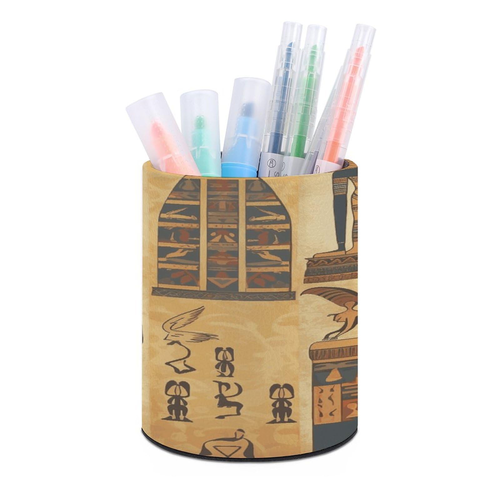 FekiLoot Ancient Egypt Tribe Series Pen Holder Cup Fashion PU Leather Pencil Cup Minimalist Pen Organizer Round Pencil Holder Stand Work Locker Accessories for Decoration Desk Office Home