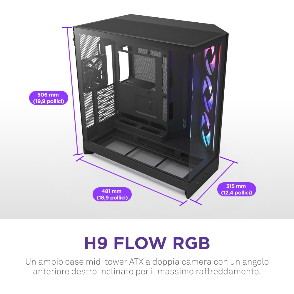 NZXT H9 Flow RGB (2025) – Grande Case PC ATX Mid-Tower a Doppia Camera con Flusso d'Aria – Include 1 x Unità Ventola RGB da 420mm e 1 x Ventola da 120mm – Supporto Radiatore da 420mm – Nero