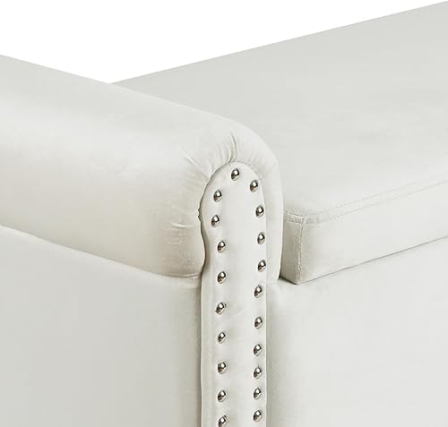 Miniatura 5 de Banco de almacenamiento de terciopelo para dormitorio, banco de pie de cama, banco de dormitorio beige con almacenamiento de remaches plateados,
