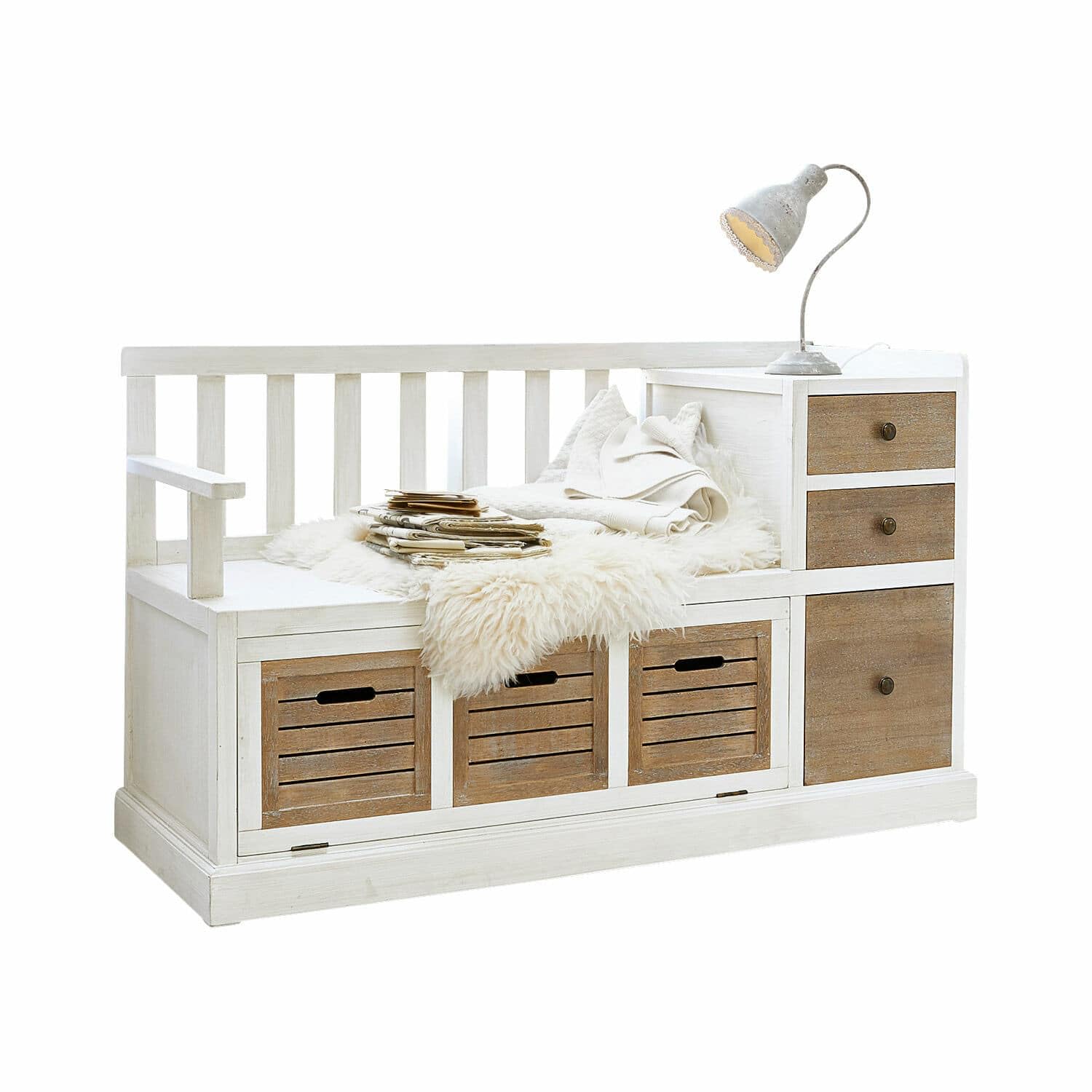 Loberon Bank Elton, Sitzgelegenheit mit Aufbewahrung, Charmanter Shabby Chic, Zweifarbig, viel Stauraum, Sitzmöbel, Tannenholz, Paulowniaholz, Teakholz, antikweiß/antikbraun