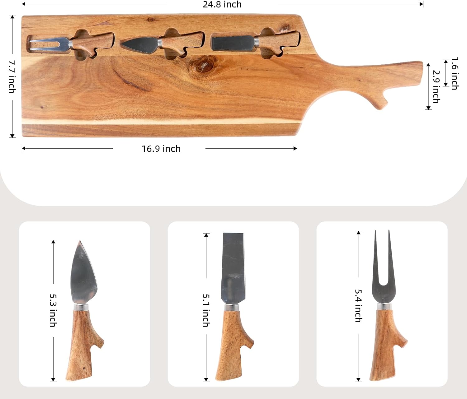 Acacia Wood Charcuterie Board with Cheese Knives, Wood Serving Tray with Handles, Wooden Cheese Board for Meats & Snacks, Perfect for Parties, Weddings, Housewarming Gifts - Image 4