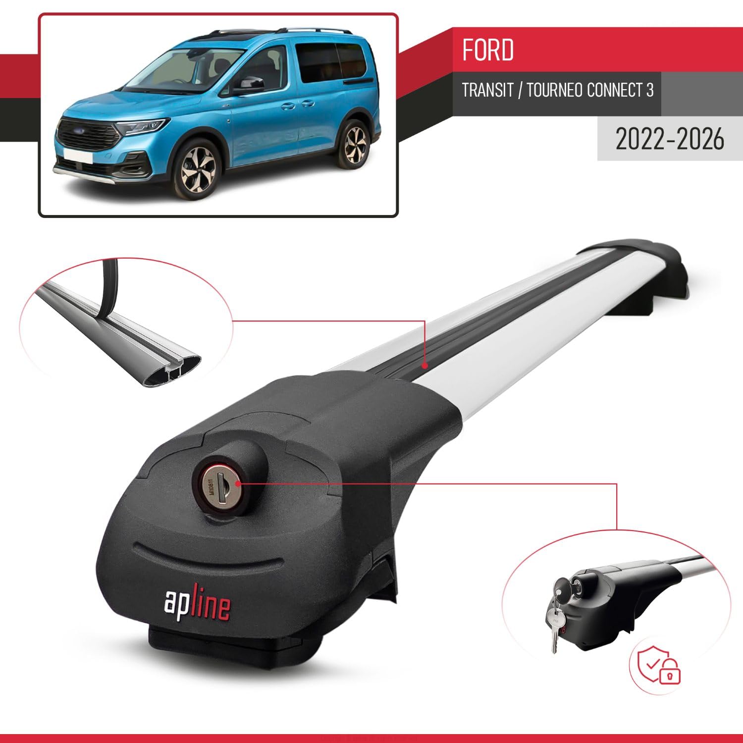 Kompatybilny z Compatible with Ford Transit/Tourneo Connect 3 2022-2026 ACE-1 Model Aluminiowy bagażnik dachowy 2 poprzeczki, szary