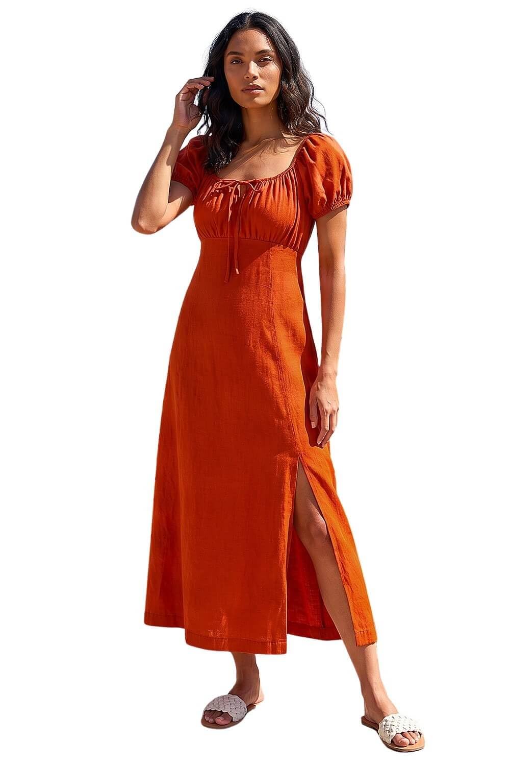 Roman Originals Puff Sleeve Linen Mix Midi Dress for Women UK - Ladies Everyday Holiday Spring Summer Square Neckline Comfy Soft Evening Vacation Work Party - Orange - Size 20