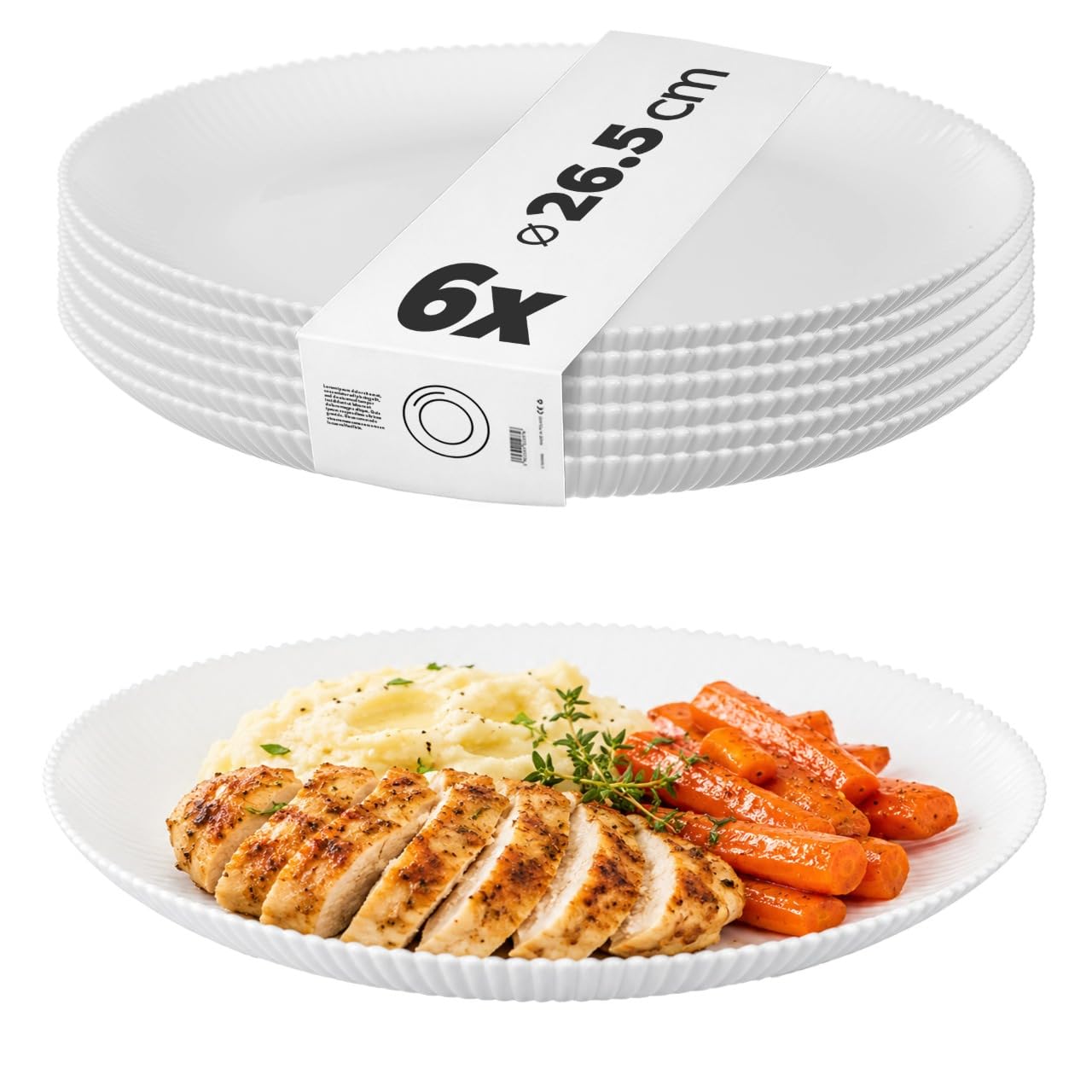 KADAX Platos llanos de 26,5 cm en juego de 6 platos blancos de cristal opal, platos para servir, platos grandes con borde alto, aptos para lavavajillas y microondas (blanco)