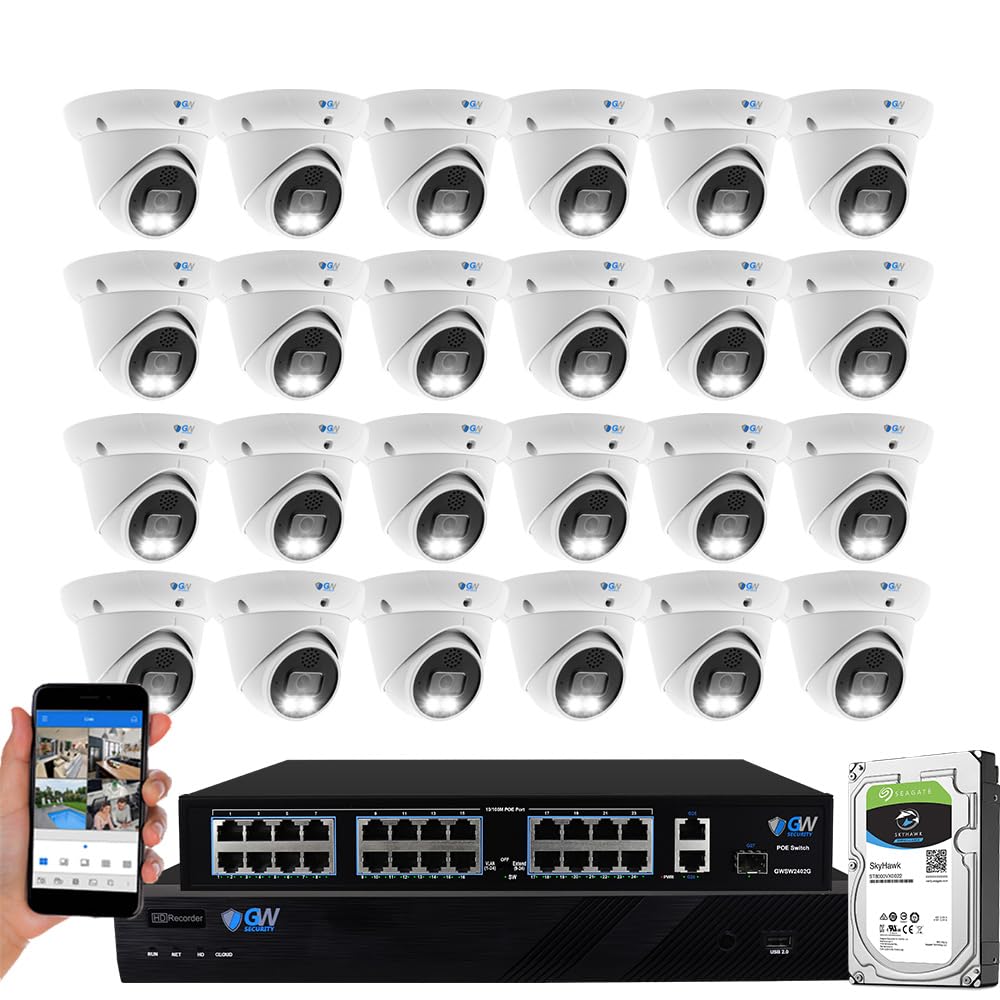 GW Security 32 Channel 4K NVR 5MP H.265 IP Surveillance Security Camera System with 24-Piece Super HD 1920P Weatherproof Microphone PoE Security Dome Cameras, AI Human Detection